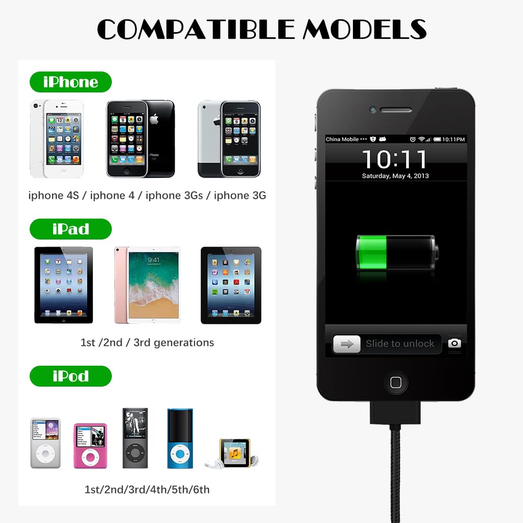 Verilux 30-Pin Charger Cable 6.6ft Long 30-Pin to USB Charger Cable Nylon Braided Charging Cable for i Phone 4/i Phone 4S iPod Classic 4/5/6th Gen, iPod Nano, iPad 2/3 Gen Verilux 30-Pin Charger Cable 6.6ft Long 30-Pin to USB Charger Cable Nylon Braided Charging Cable for i Phone 4/i Phone 4S iPod Classic 4/5/6th Gen, iPod Nano, iPad 2/3 Gen